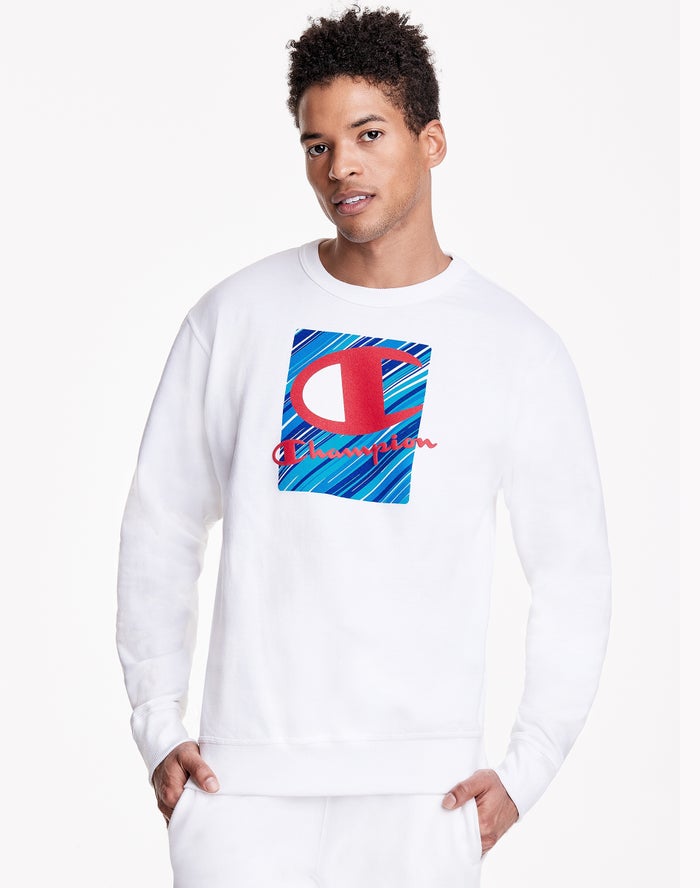 Champion Herre Sweatshirt Hvide - Powerblend Fleece Crew Inset Rectangle Logo  - Danmark DME-561074